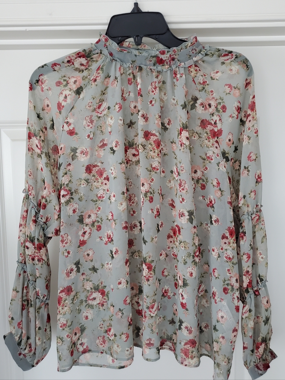 Zara Sheer Sage Floral Long Sleeve High- Neck Blouse
